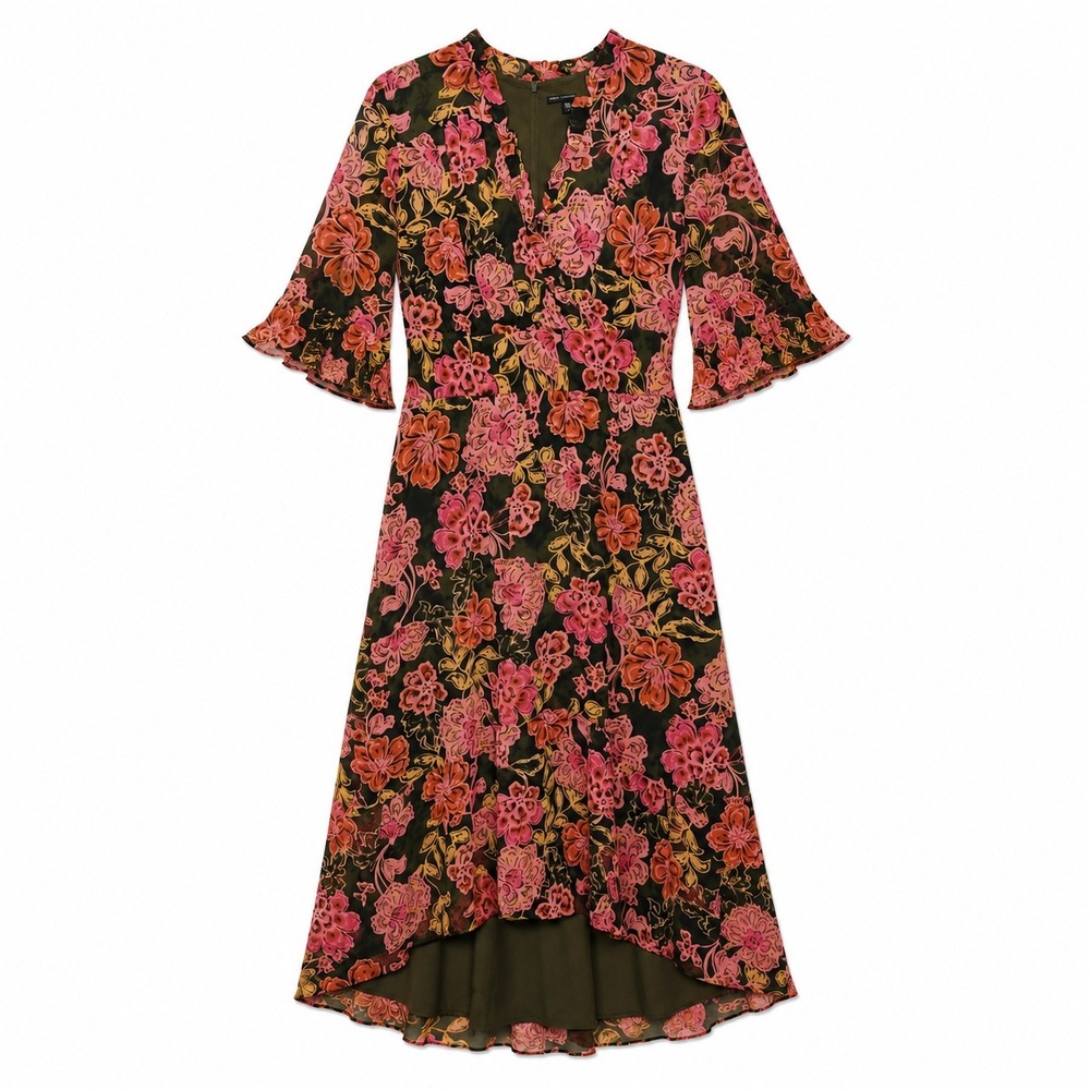 Maggy London Floral Midi Dress Pink Black Flutter Sleeve Size 12